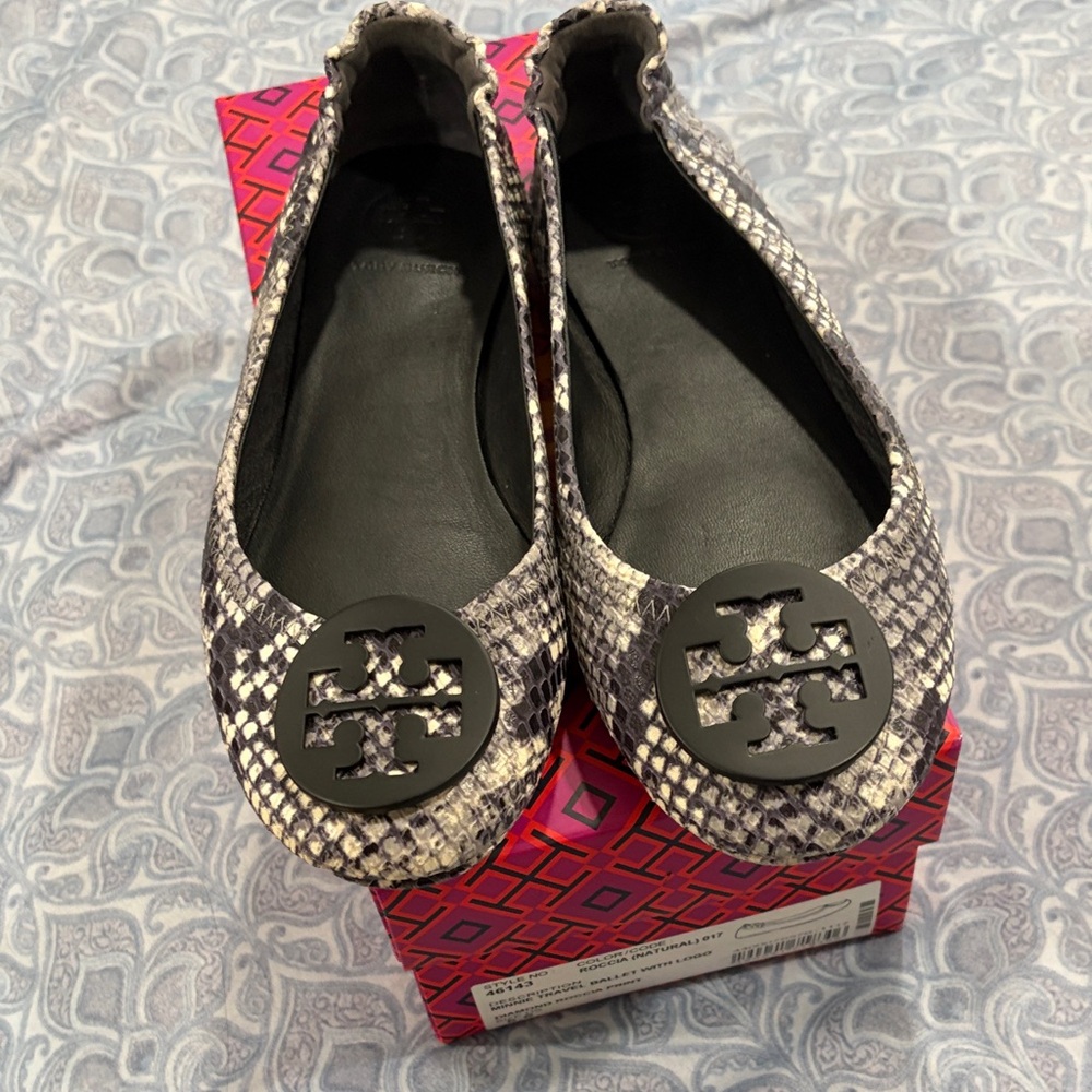 Tory Burch  Black and White Snake Print Flats